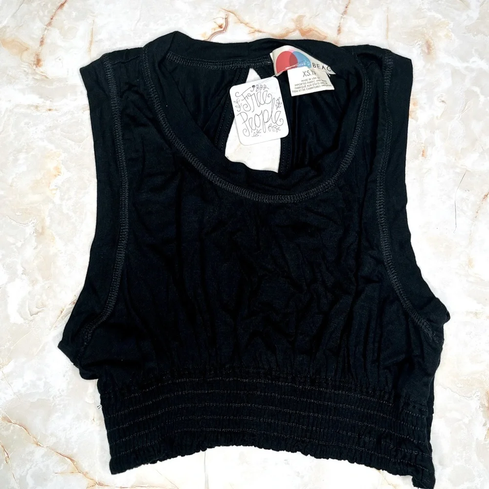 FREE PEOPLE BLACK CROPPED TANK TOP, BEACH, KEYHOLE CUTOUT BACK, ELASTIC WAIST